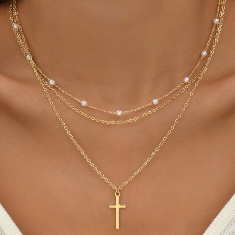 2pcs Women's Faux Pearl & Cross Pendant Necklace